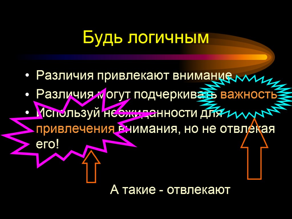 Будь логичным Различия привлекают внимание Различия могут подчеркивать важность Используй неожиданности для привлечения внимания,